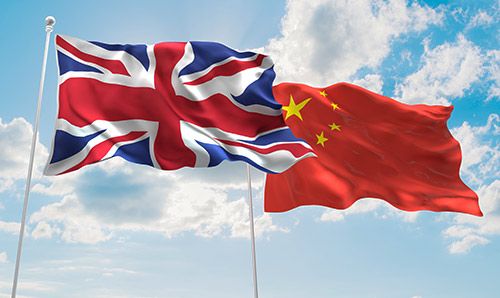 UK and China flags blowing in the wind